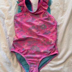 Ruffle Butts sz 4T Toddler Girls V-Back One Piece Pink Neon Island bow ruffle